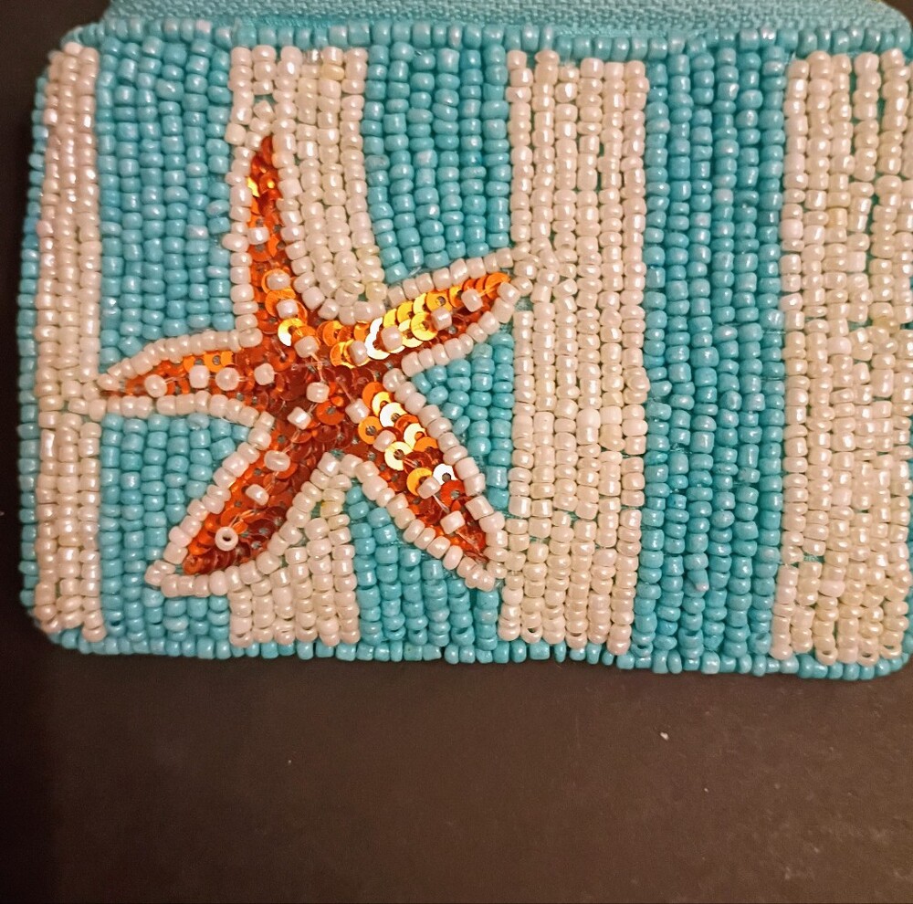 Beaded Turquoise Coin Purse with Orange Starfish Accent